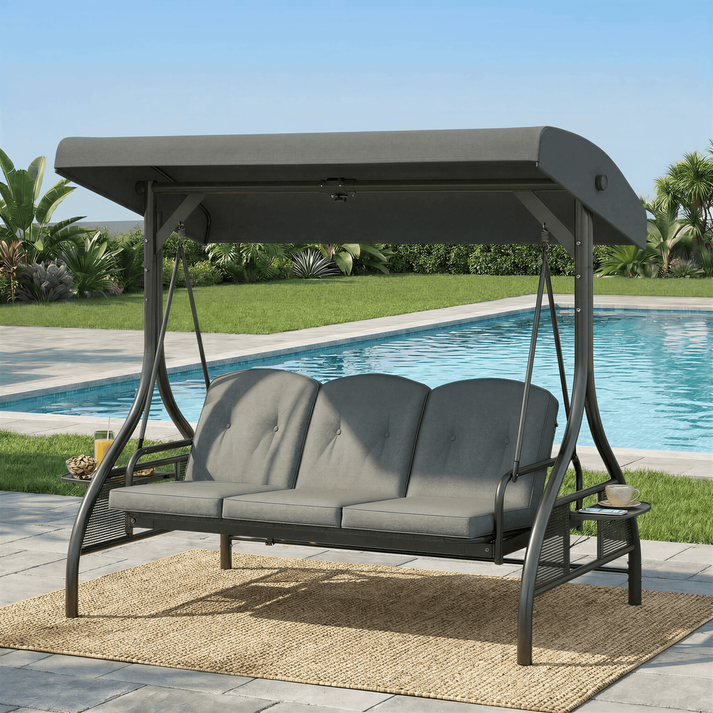 TLSUNNY Canopy Swing Chair Set, 3-Seat Outdoor Swing Chair with Stand & Removable Seat Cushion, for Patio, Backyard, Balcony Relaxation, Supports 750LBS