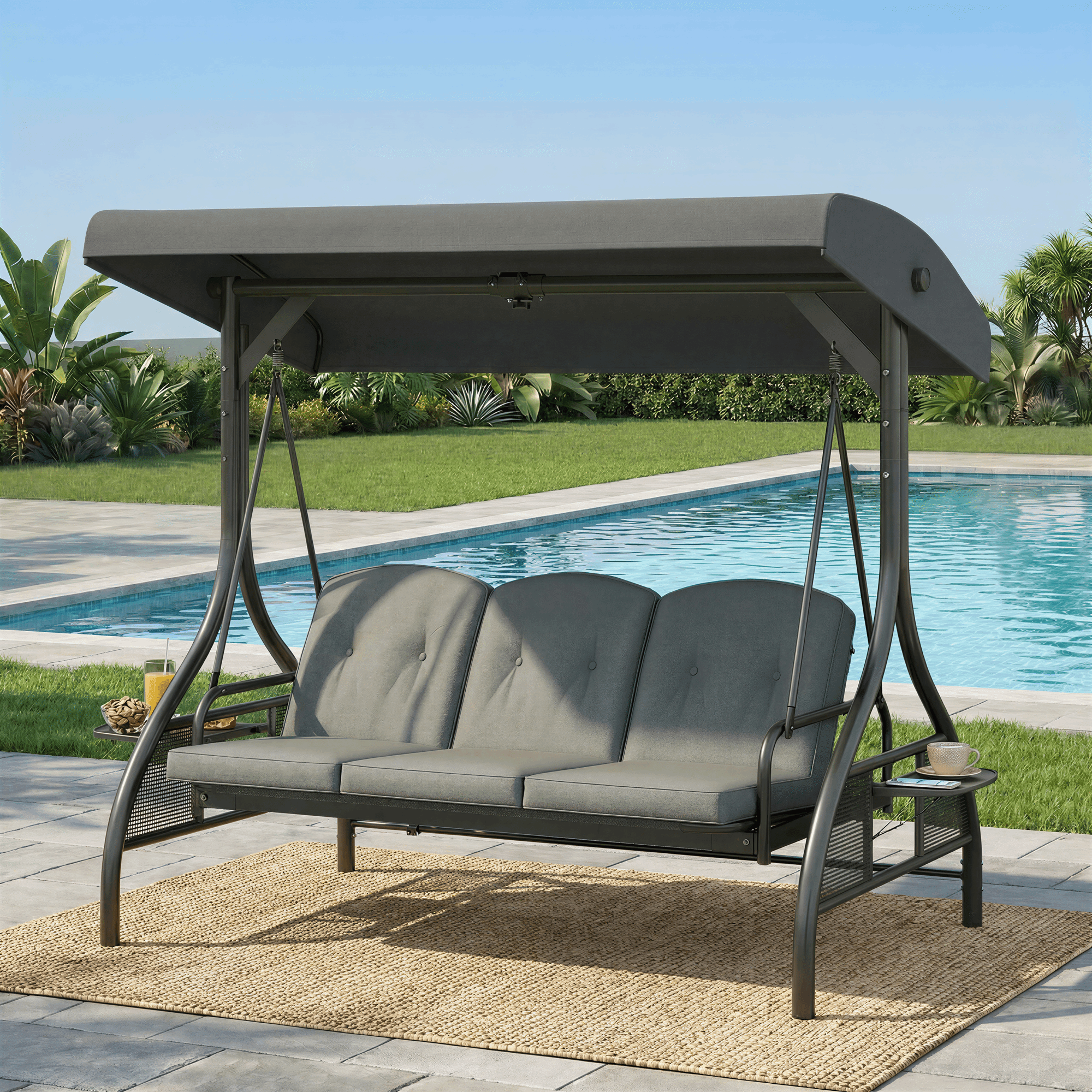 TLSUNNY Canopy Swing Chair Set, 3-Seat Outdoor Swing Chair with Stand & Removable Seat Cushion, for Patio, Backyard, Balcony Relaxation, Supports 750LBS