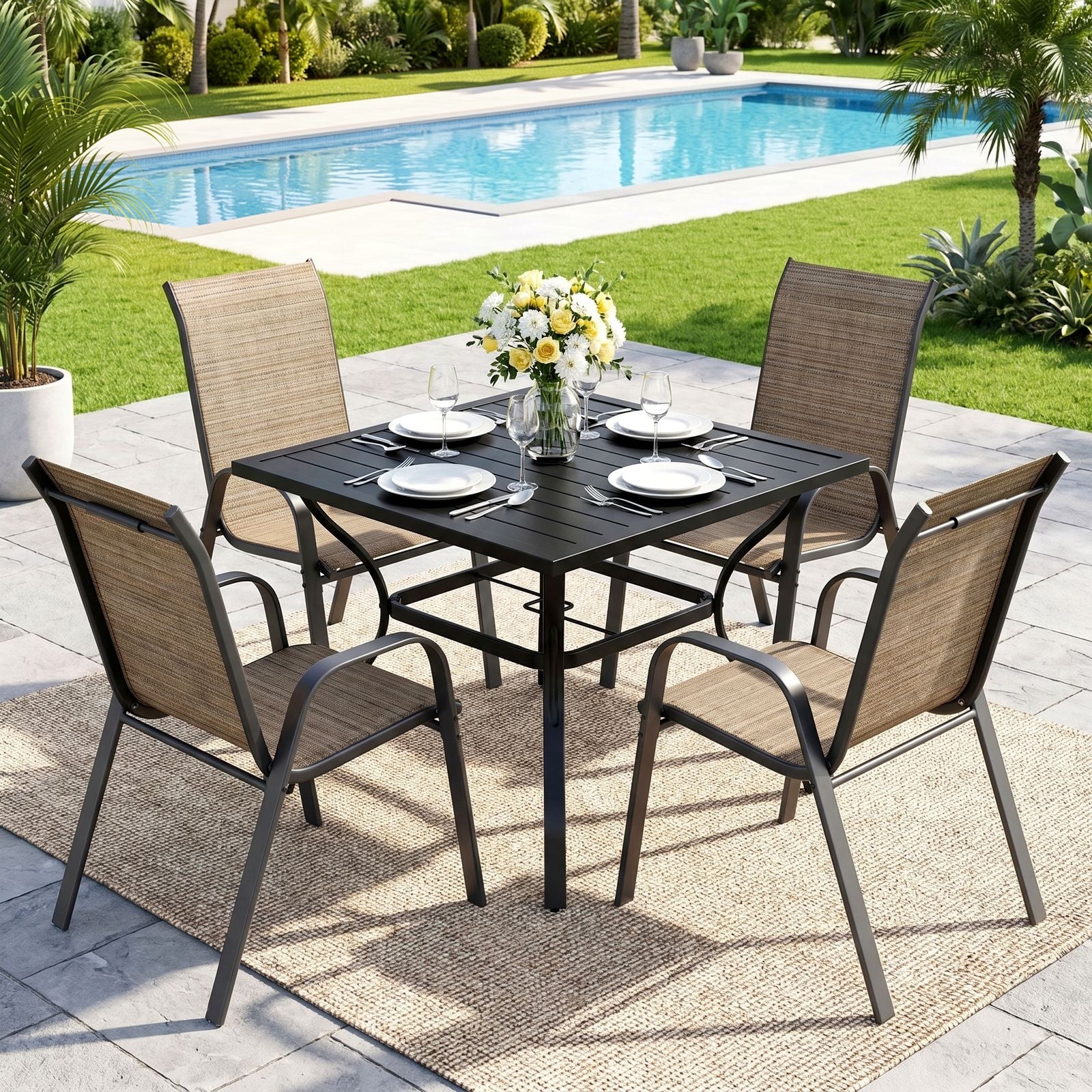 TLSUNNY 5-Piece Outdoor Patio Dining Set, W/ Metal Iron Square Table & Textilene Chairs for 4-Person