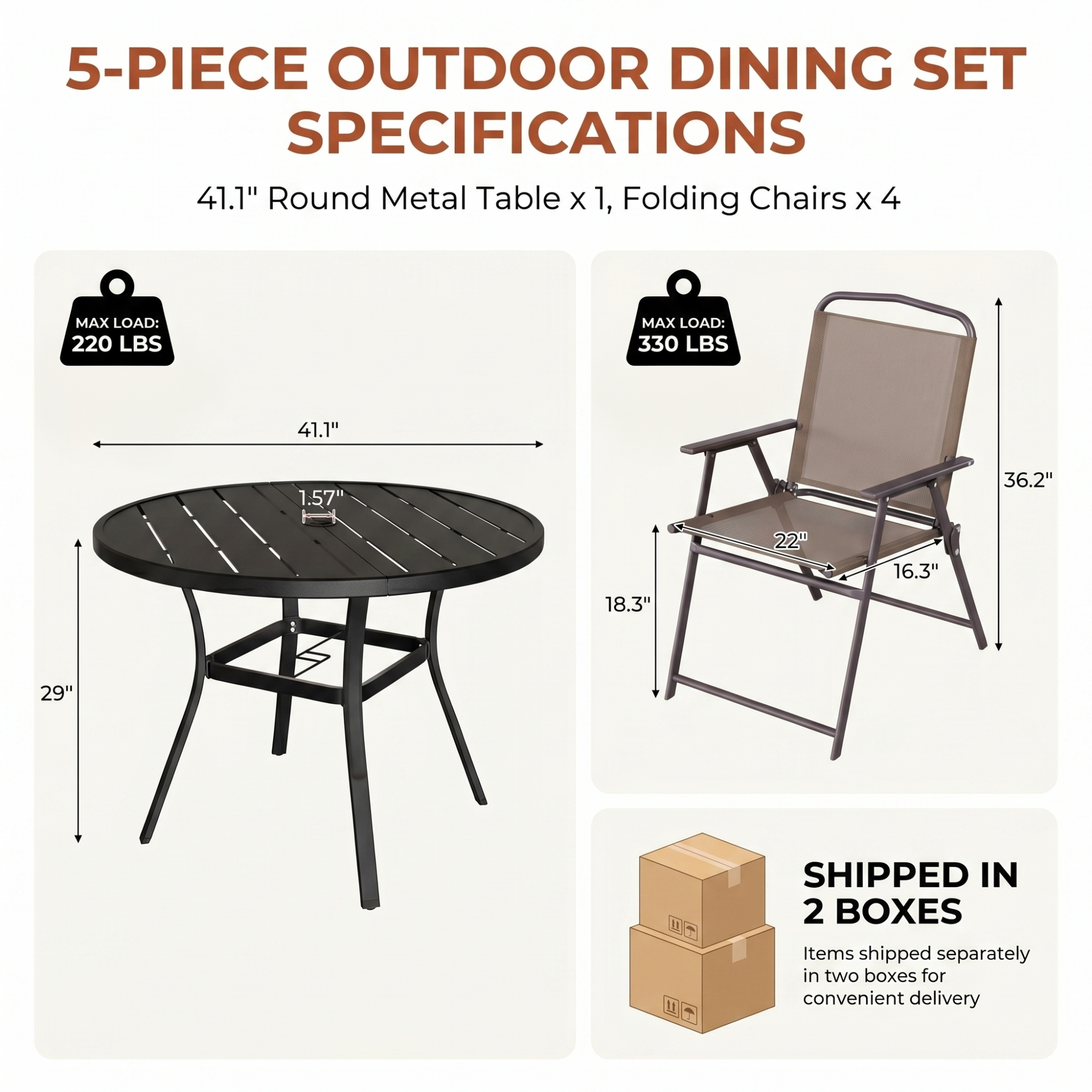 TLSUNNY Patio Dining Set, Folding Chairs and Round Table W/ Umbrella Hole Outdoor Dining Furniture for Bistro, Garden, Backyard, Deck
