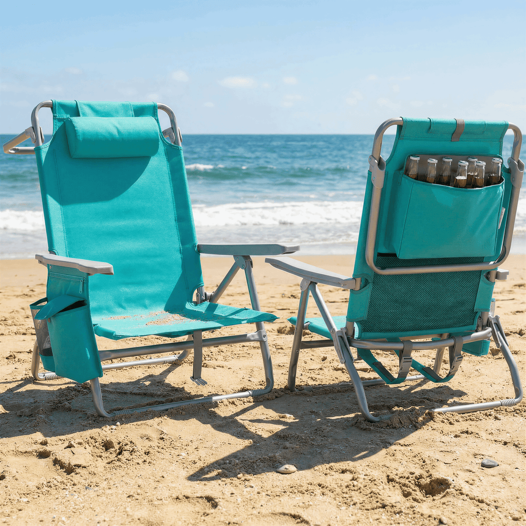 TLSUNNY Backpack Beach Chair Set of 1/2, Outdoor 5-Level Adjustable Folding Chair, w/ Cup Holder, Headrest, Storage Bag, Cooler Pouch, for Camping