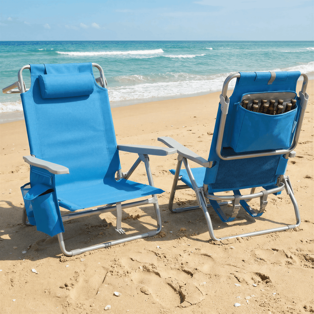 TLSUNNY Backpack Beach Chair Set of 1/2, Outdoor 5-Level Adjustable Folding Chair, w/ Cup Holder, Headrest, Storage Bag, Cooler Pouch, for Camping