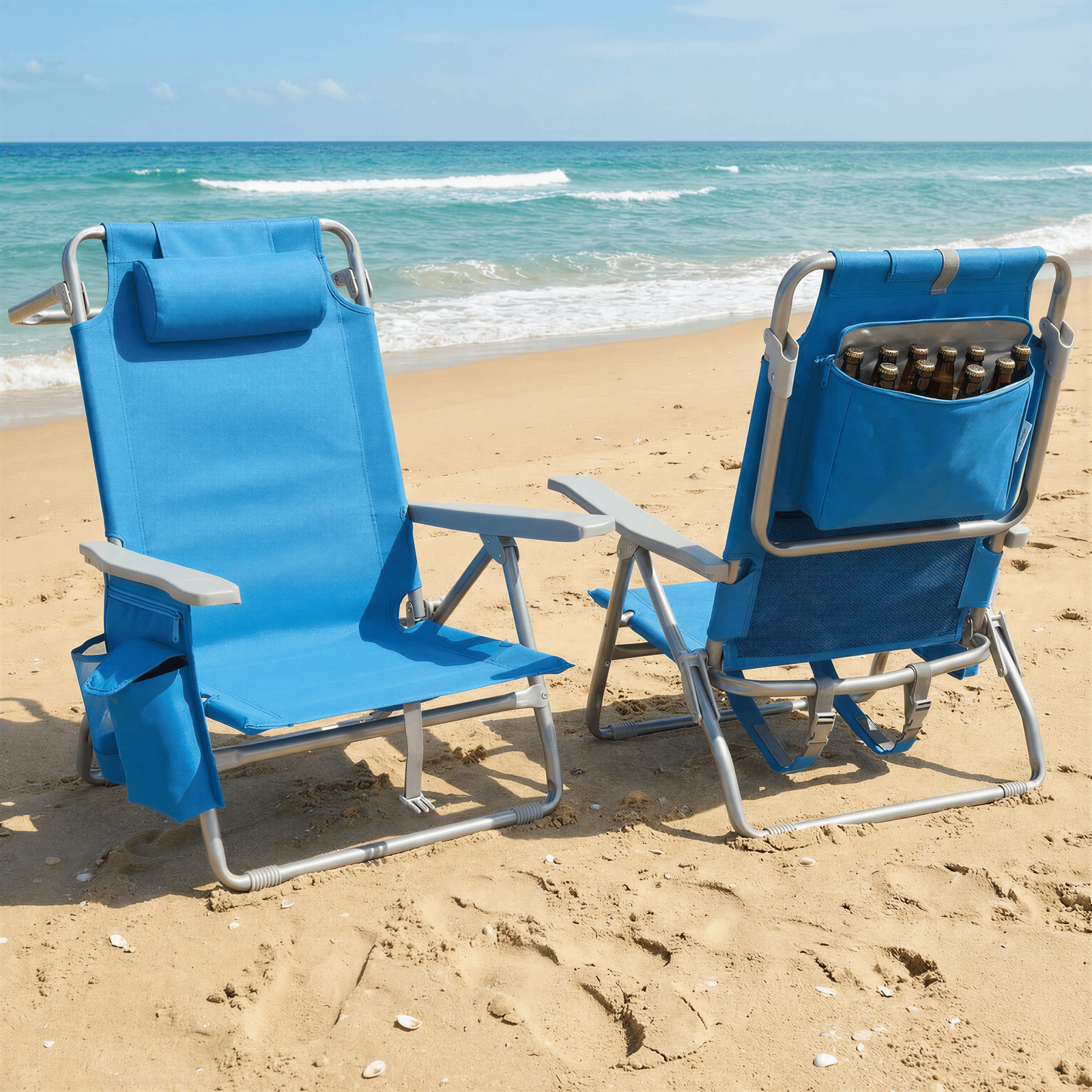 TLSUNNY Backpack Beach Chair Set of 1/2, Outdoor 5-Level Adjustable Folding Chair, w/ Cup Holder, Headrest, Storage Bag, Cooler Pouch, for Camping