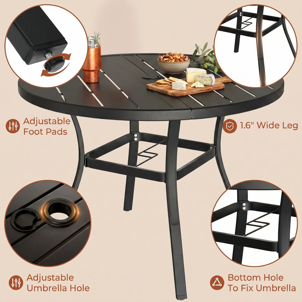 TLSUNNY Outdoor Dining Set, Patio Metal Table and Swivel Chairs Set, W/ Umbrella Hole & Foot Pads, Outdoor Furniture for Backyard, Porch, Garden