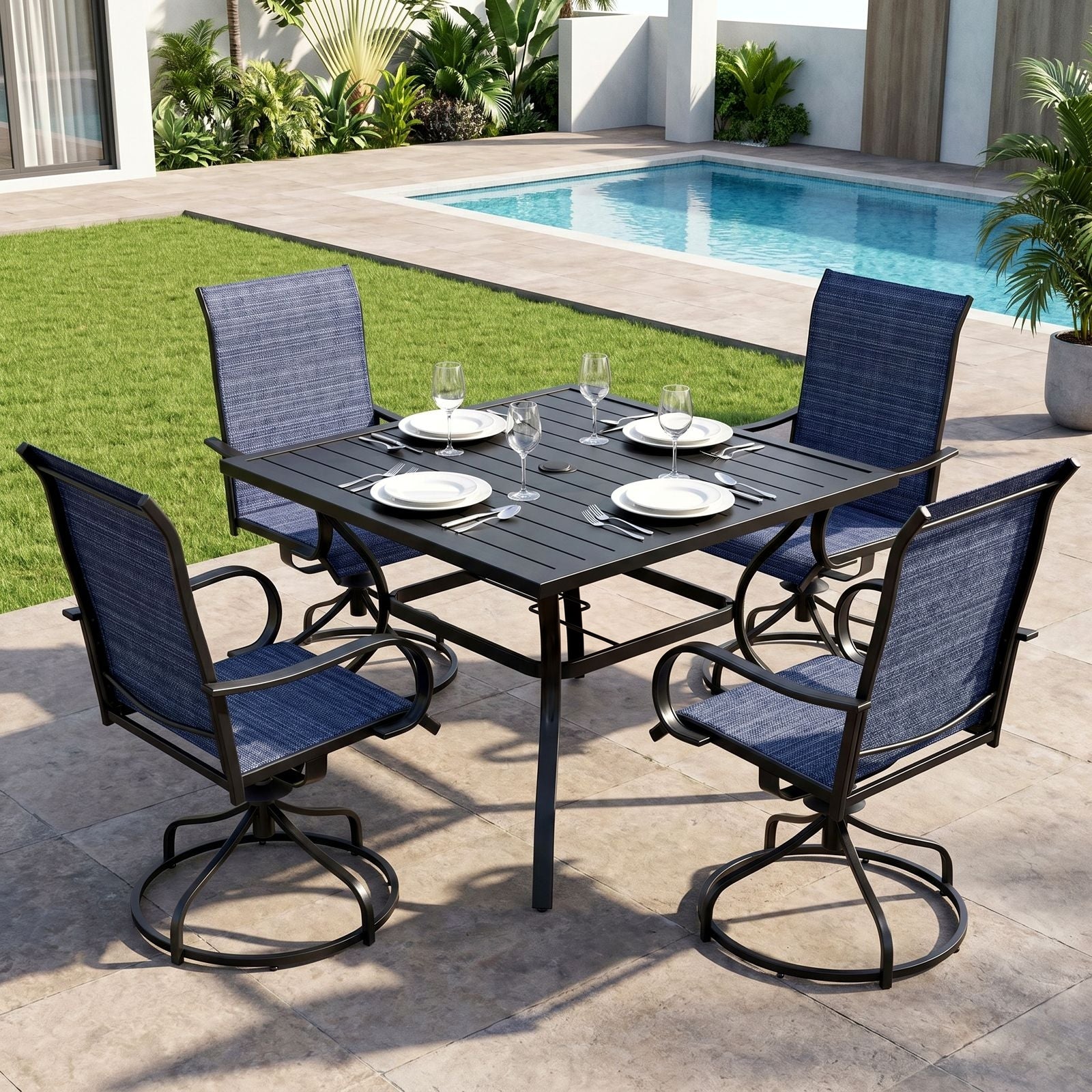 TLSUNNY Outdoor Dining Set, Patio Metal Table and Swivel Chairs Set, W/ Umbrella Hole & Foot Pads, Outdoor Furniture for Backyard, Porch, Garden