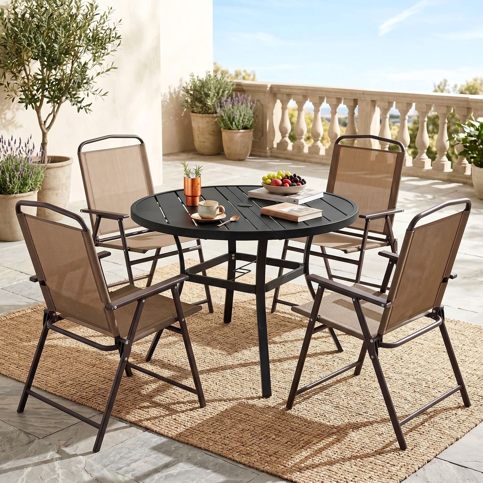 TLSUNNY Patio Dining Set, Folding Chairs and Round Table W/ Umbrella Hole Outdoor Dining Furniture for Bistro, Garden, Backyard, Deck
