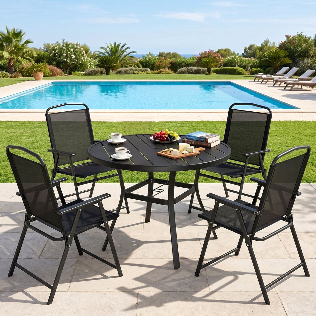 TLSUNNY Patio Dining Set, Folding Chairs and Round Table W/ Umbrella Hole Outdoor Dining Furniture for Bistro, Garden, Backyard, Deck